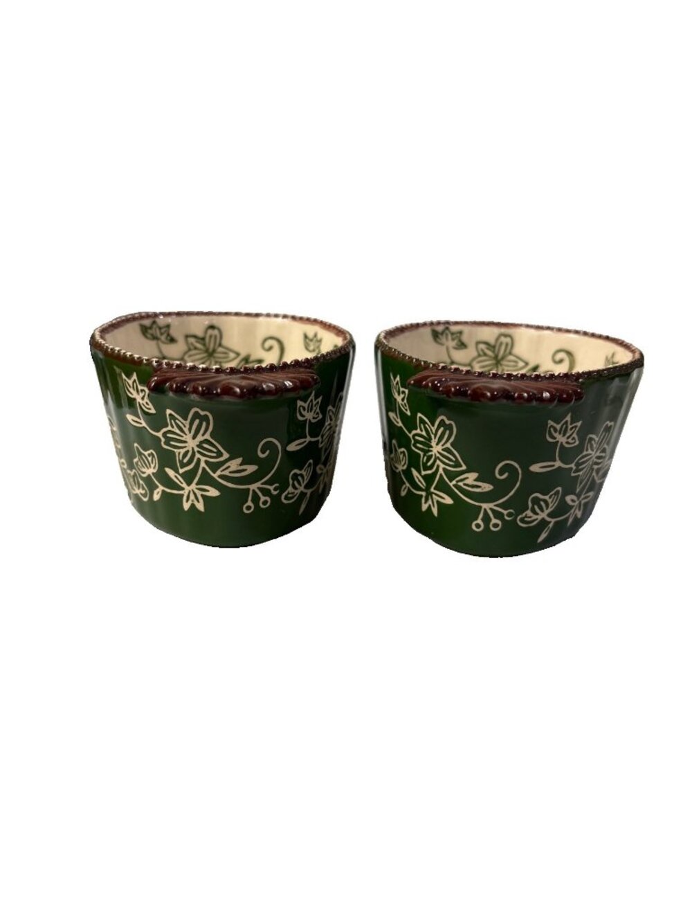 Temptations By Tara Green & Brown Floral Lace 8oz Set of 2 Ramekins